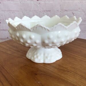 Vintage Fenton White Milk Glass Hobnail Sawtooth Pedestal Candle Holder Bowl